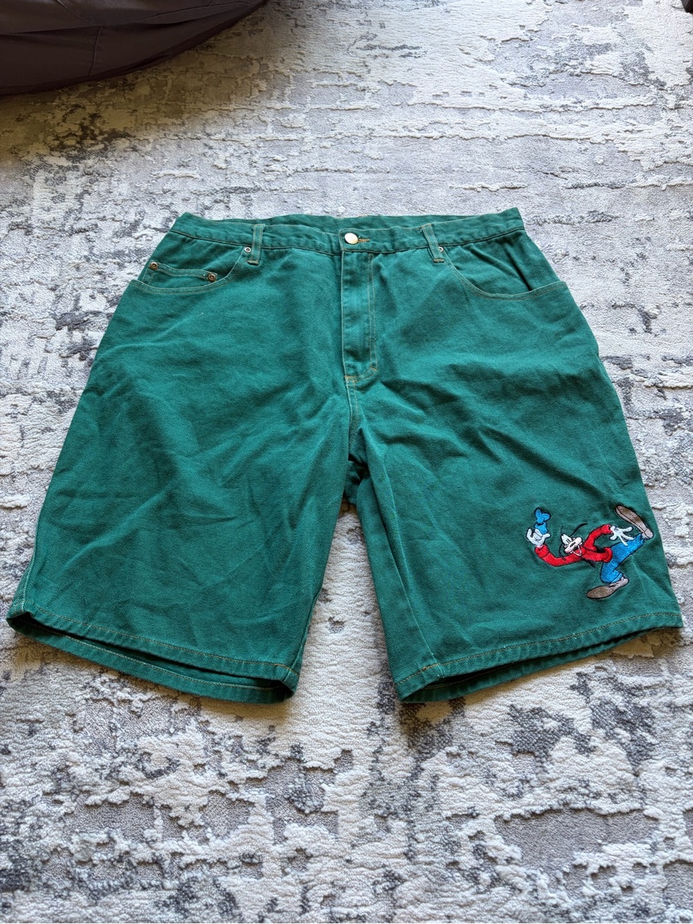 Disney Vintage Mickey Unlimited Green Jean Shorts With Goofy Embroidery.